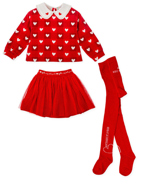 Girls Red Heart Print Skirt Set