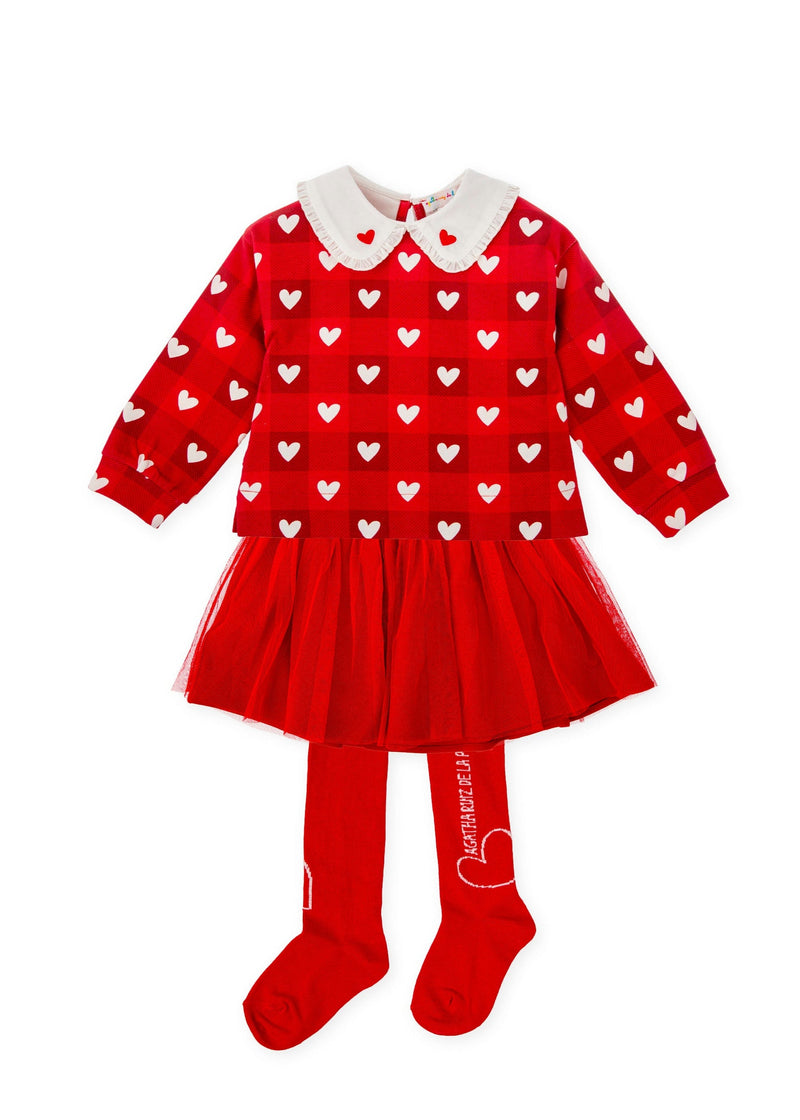 Girls Red Heart Print Skirt Set