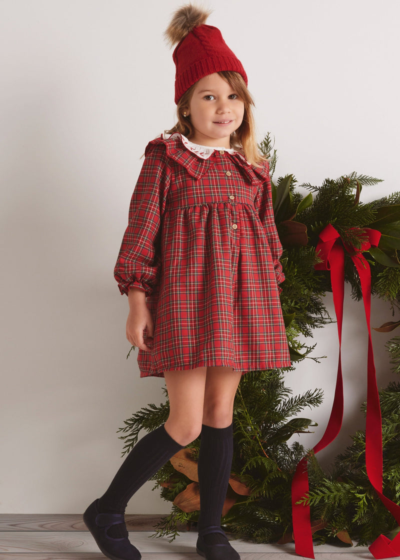 Girls Red Tartan Dress with Embroidered Collar