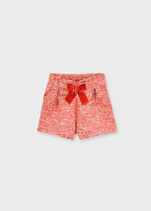Girls Red Tweed Shorts With Velvet Bow