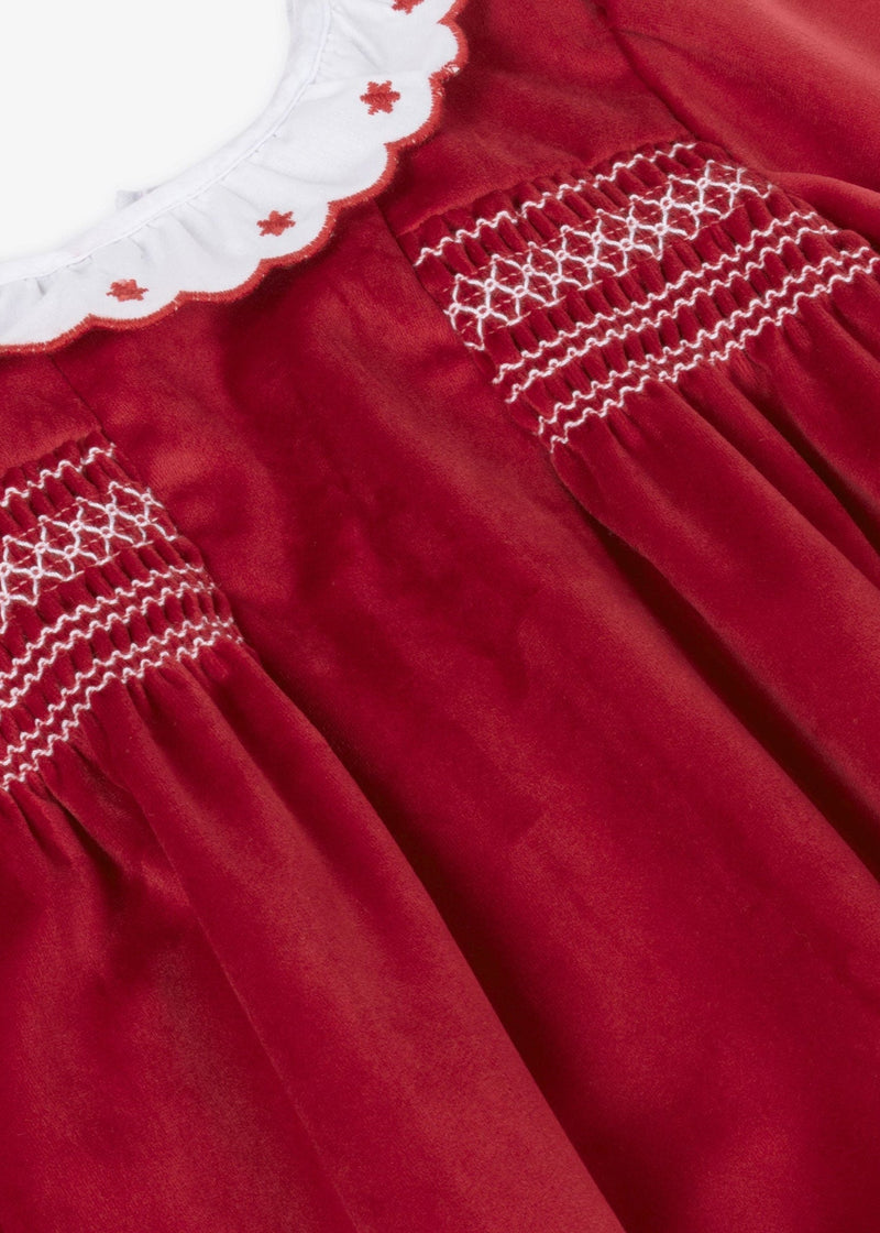 Girls Red Velvet Smocked Dress with Collar