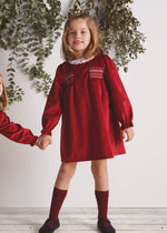 Girls Red Velvet Smocked Dress with Collar