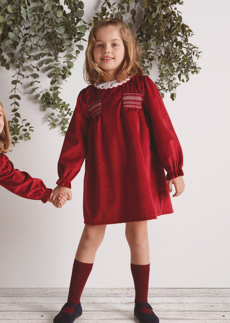 Girls Red Velvet Smocked Dress with Collar