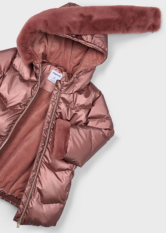 Girls Rose Glossy Puffer Coat with Faux Fur Trim