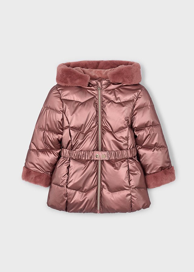 Girls Rose Glossy Puffer Coat with Faux Fur Trim