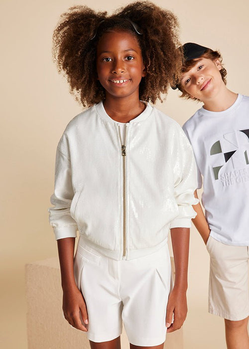 Girls Sequin Ivory Bomber Jacket