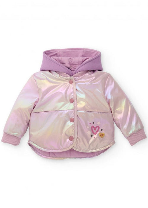 Girls Shiny Pink Metallic - Effect Parka with Hood