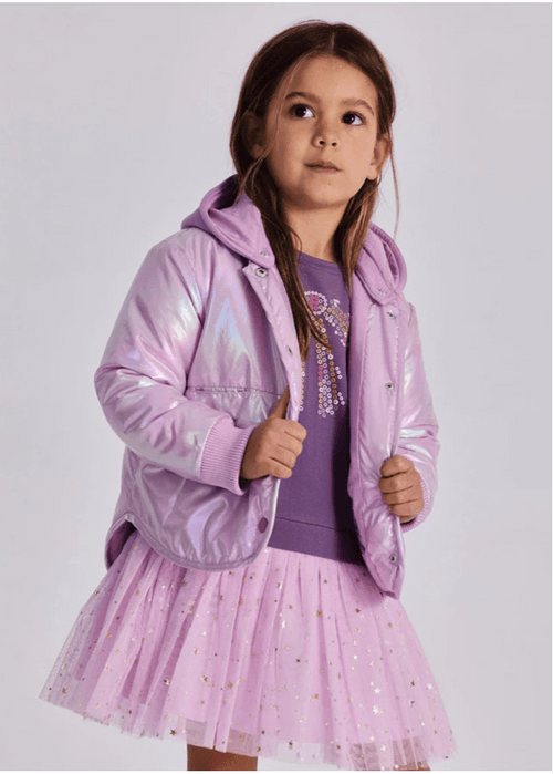 Girls Shiny Pink Metallic - Effect Parka with Hood