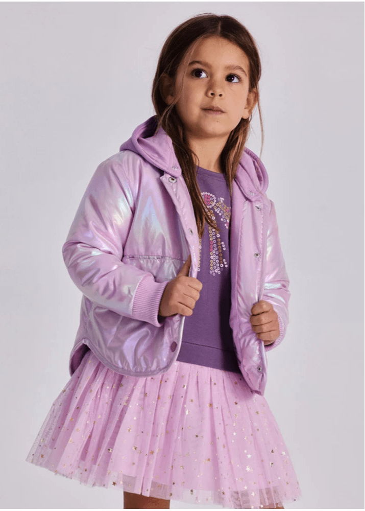 Girls Shiny Pink Metallic - Effect Parka with Hood