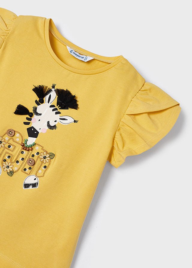 Girls Short Sleeve Yellow T-Shirt Zebra Embroidery