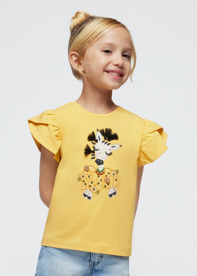 Girls Short Sleeve Yellow T-Shirt Zebra Embroidery