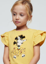 Girls Short Sleeve Yellow T-Shirt Zebra Embroidery