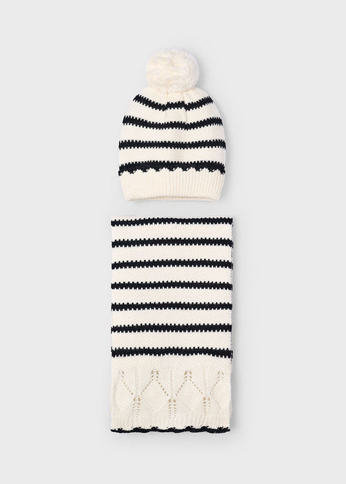 Girls Striped Knit Hat & Scarf Set with Pom Pom