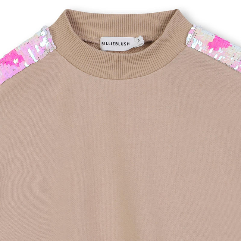 Girls Taupe Sweatshirt with Sequin Sleeve Stripes