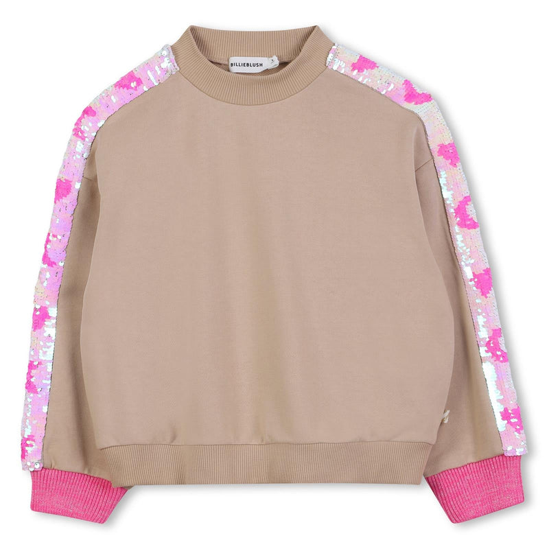 Girls Taupe Sweatshirt with Sequin Sleeve Stripes