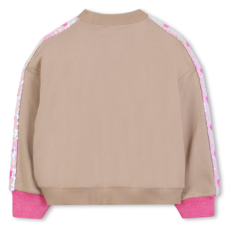 Girls Taupe Sweatshirt with Sequin Sleeve Stripes
