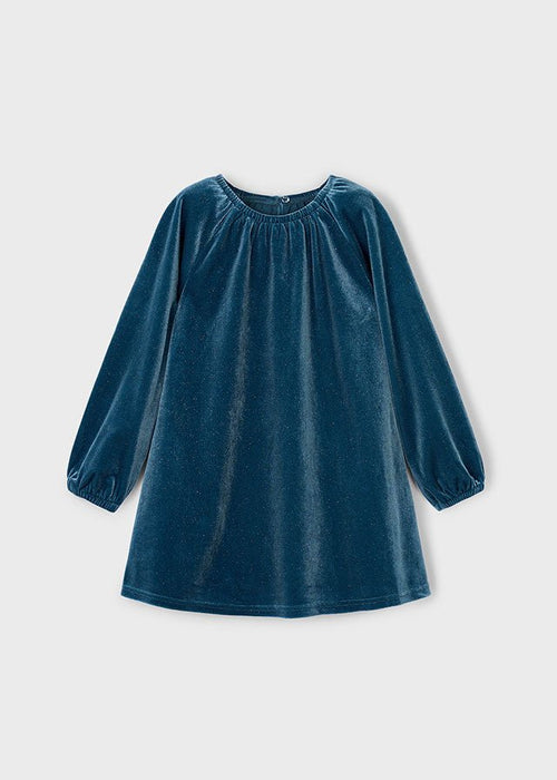 Girls Teal Velvet Dress With Bow