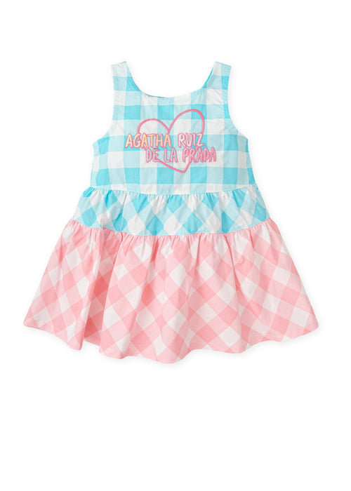 Girls Turquoise & Pink Check Cotton Dress