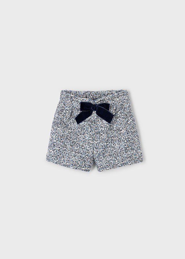 Girls Tweed Bermuda Shorts with Navy Velvet Bow