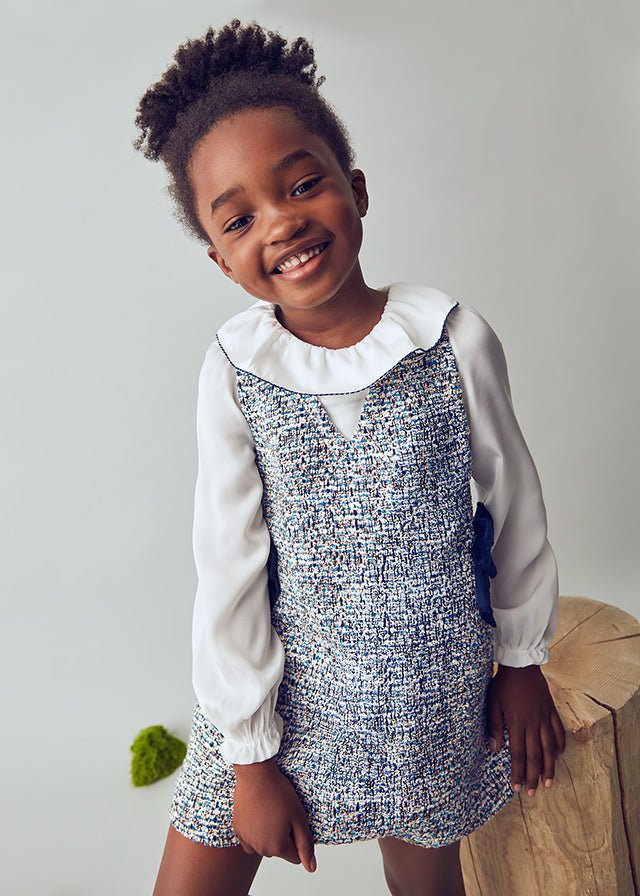 Girls Tweed Pinafore Dress with Velvet Bows