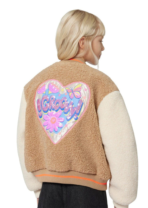 Girls Two - Tone Faux Shearling Jacket with Sequin Back Badge