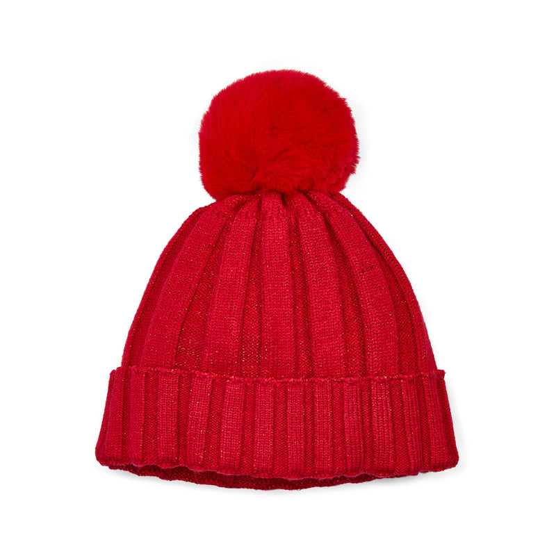 Girls Vibrant Red Pom Pom Knitted Hat