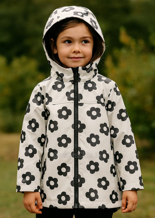 Girls White Floral Raincoat With Fleece Lining