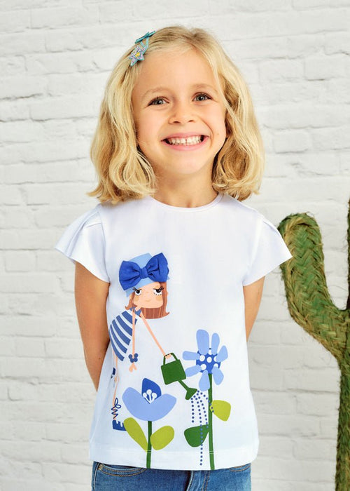 Girls White Floral T-Shirt with 3D Bow