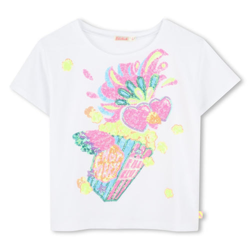 Girls White Jersey T-Shirt with Popcorn Sequin Graphic