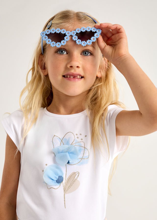 Girls White T-Shirt with Blue Flower Detail