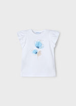 Girls White T-Shirt with Blue Flower Detail