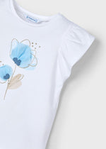 Girls White T-Shirt with Blue Flower Detail