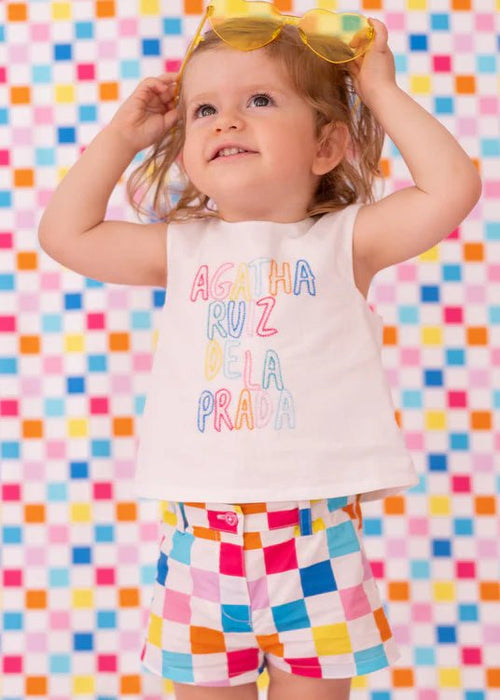 Girls White Top & Multicolored Shorts Set