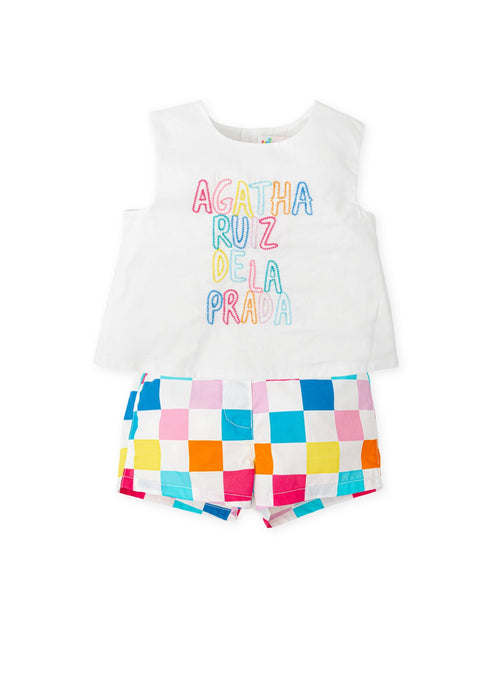 Girls White Top & Multicolored Shorts Set