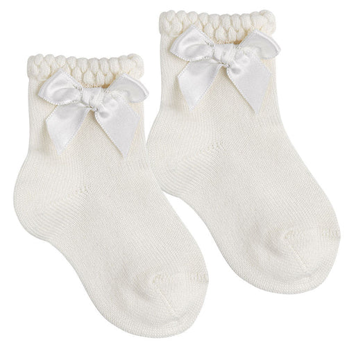 IVORY Baby Girl Short Ceremony Socks with Satin Bow