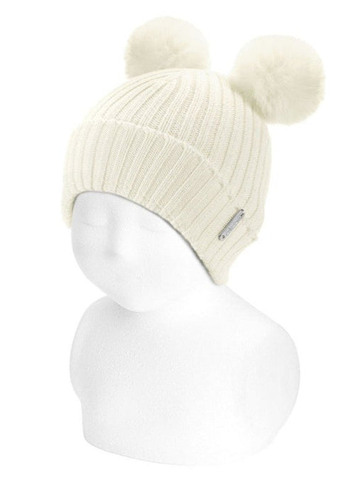IVORY Baby Rib Knit Hat with Two Faux Fur Pompoms