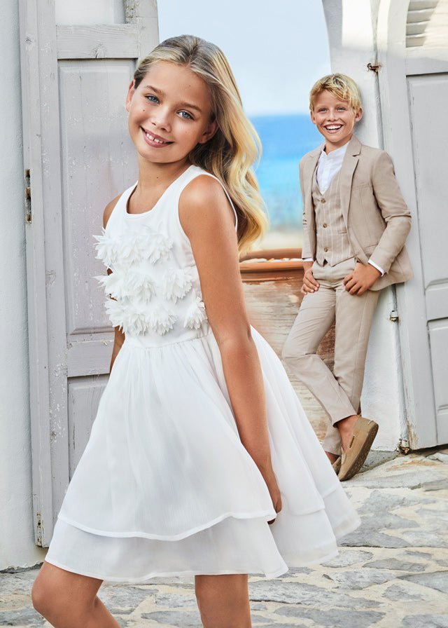 IVORY Girls Elegant Dress with 3D Floral Embellishments