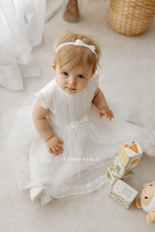 Ivory Lace and Tulle Christening Dress with Bow (ANNA)