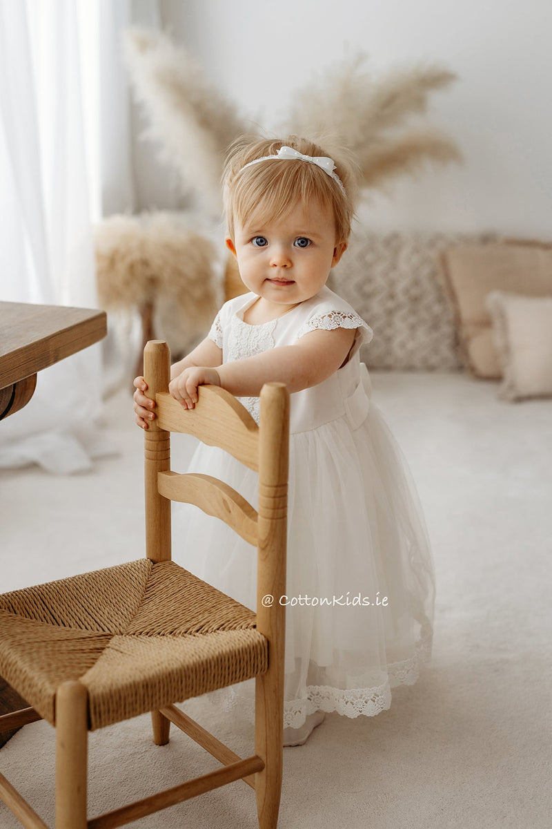 Ivory Lace and Tulle Christening Dress with Bow (ANNA)