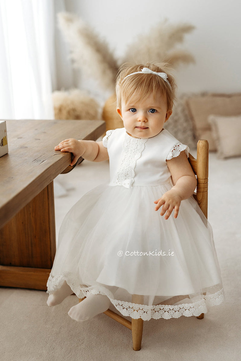 Ivory Lace and Tulle Christening Dress with Bow (ANNA)