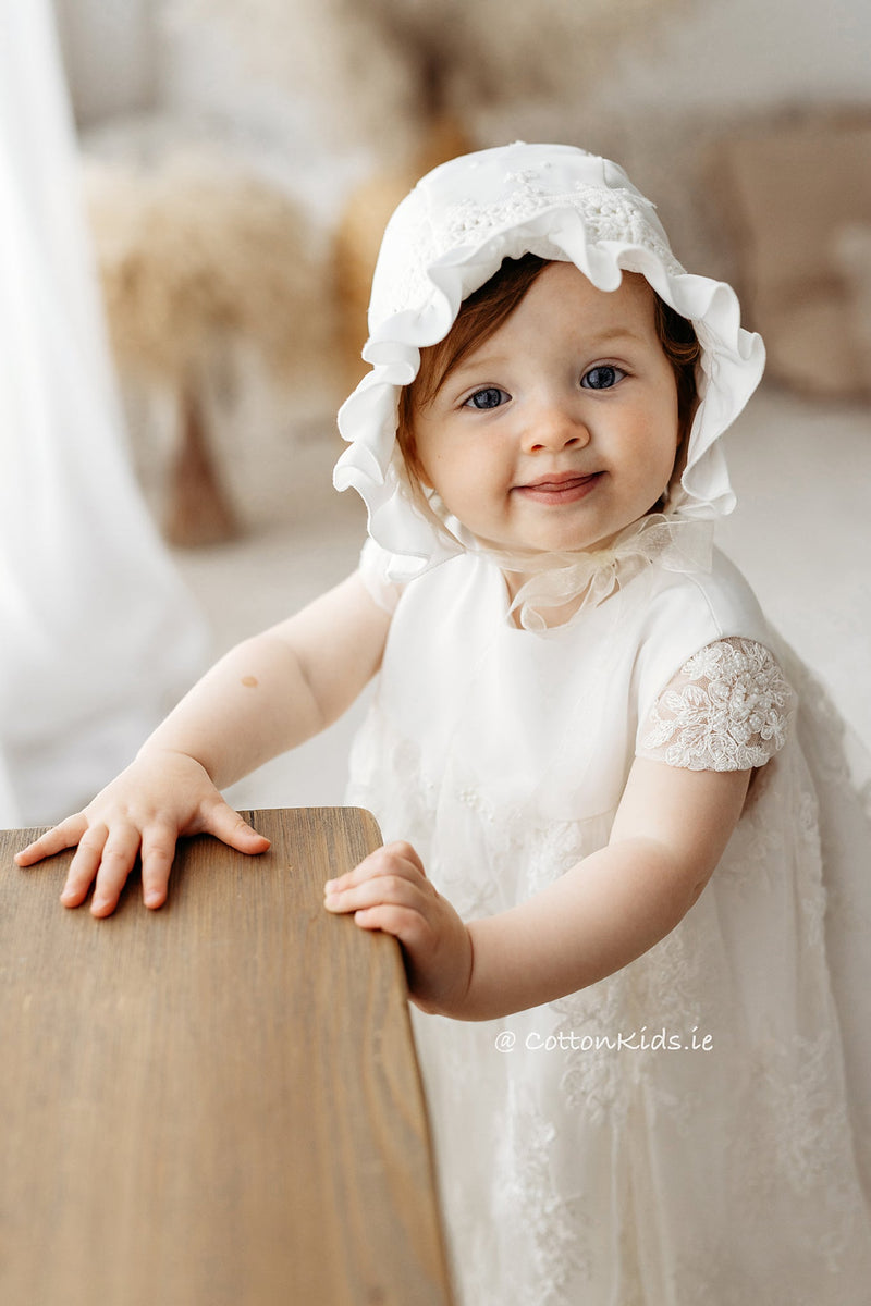 IVORY Short Sleeve Christening Dress Beads And Lace (LEYLA)