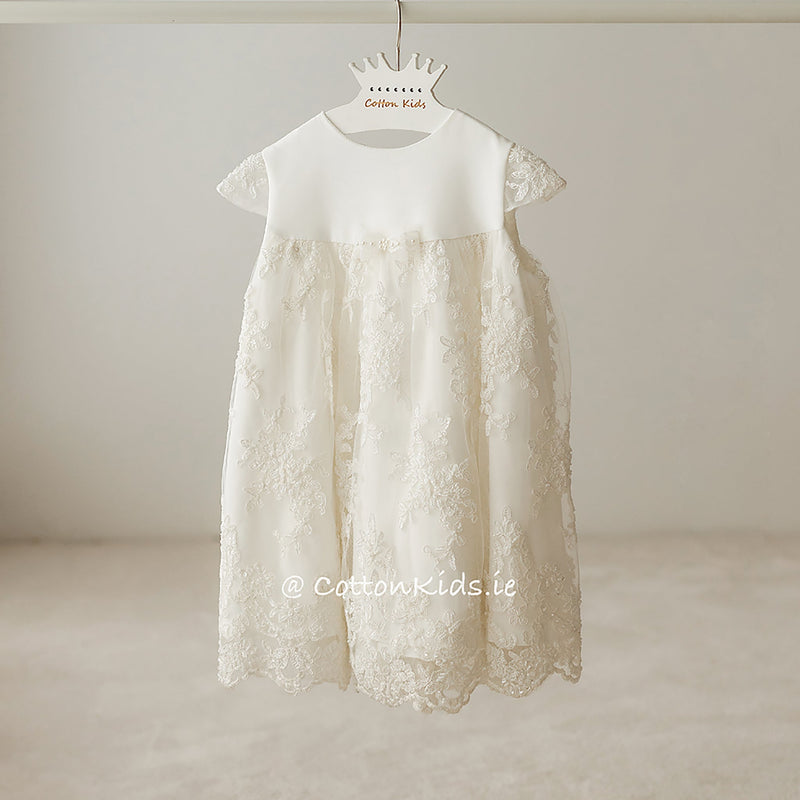 IVORY Short Sleeve Christening Dress Beads And Lace (LEYLA)