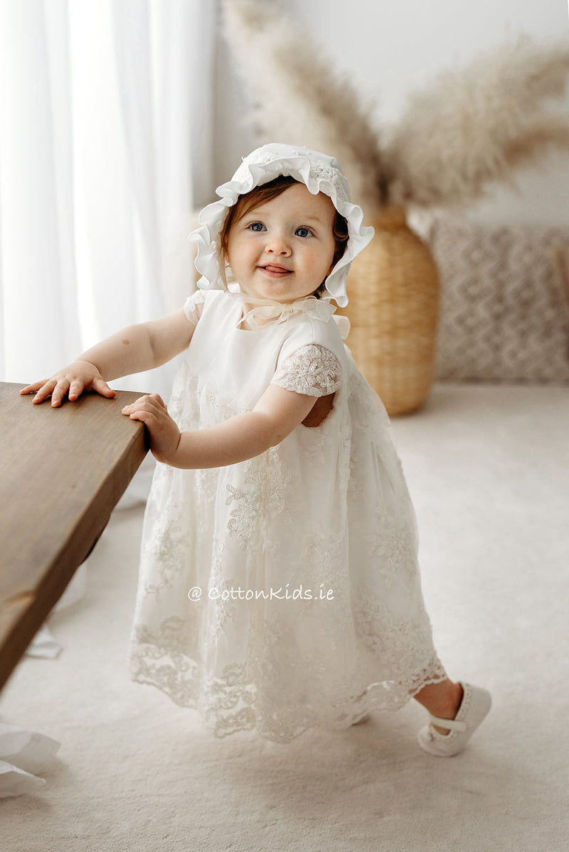 IVORY Short Sleeve Christening Dress Beads And Lace (LEYLA)