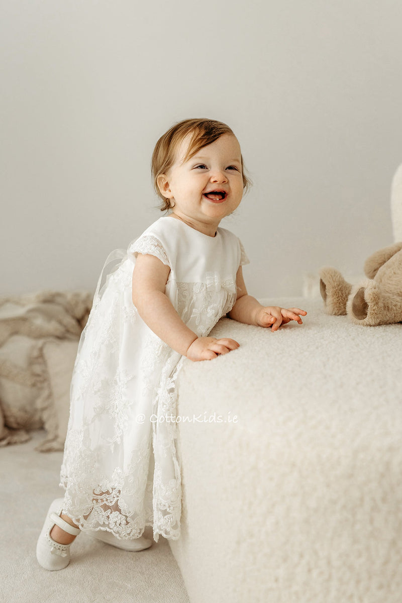 IVORY Short Sleeve Christening Dress Beads And Lace (LEYLA)