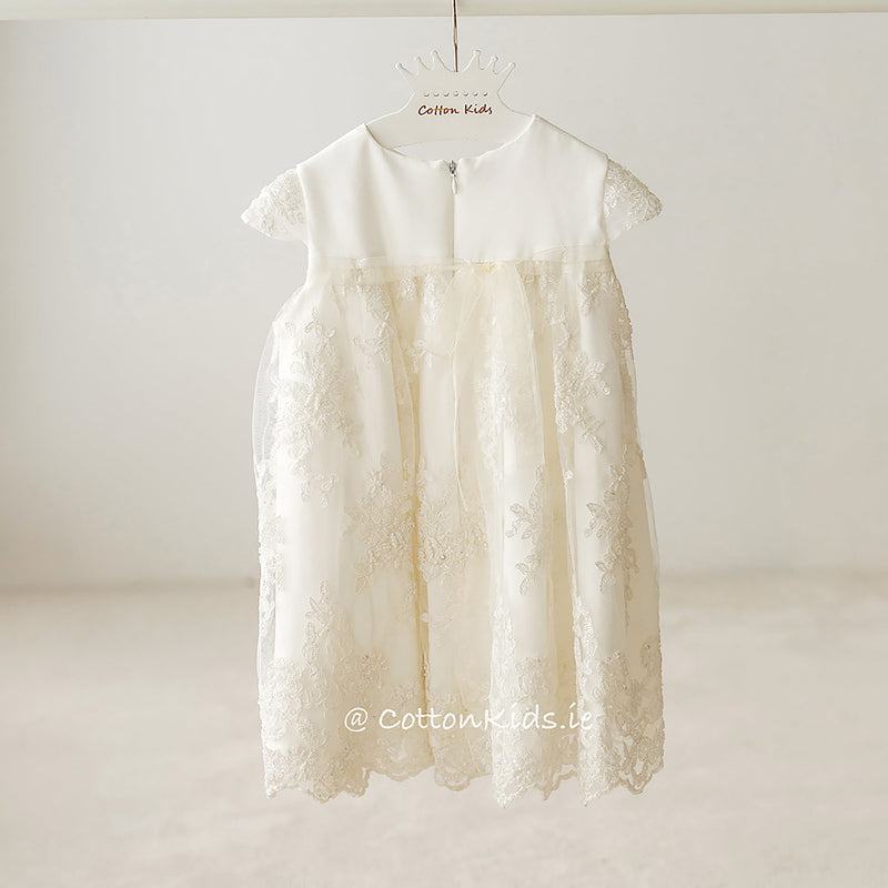 IVORY Short Sleeve Christening Dress Beads And Lace (LEYLA)