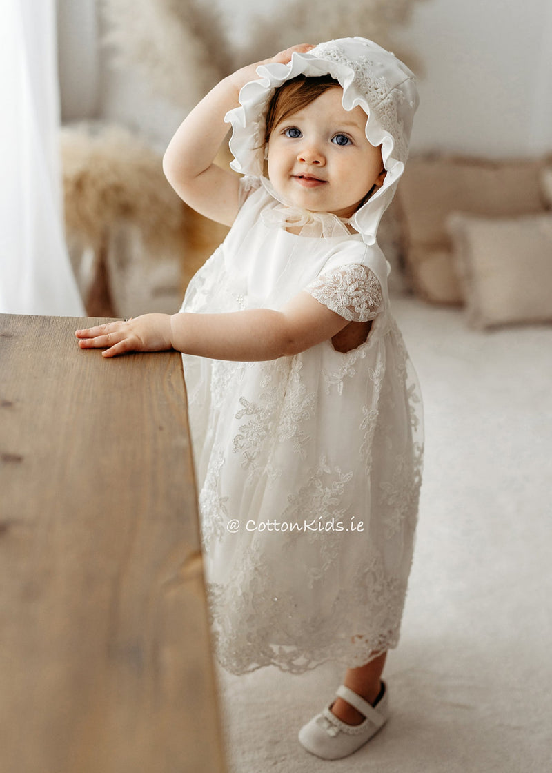 IVORY Short Sleeve Christening Dress Beads And Lace (LEYLA)