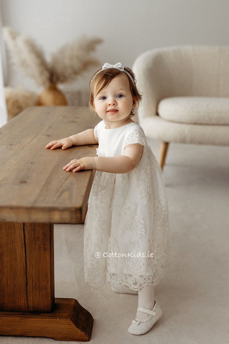 IVORY Short Sleeve Christening Dress Beads And Lace (LEYLA)