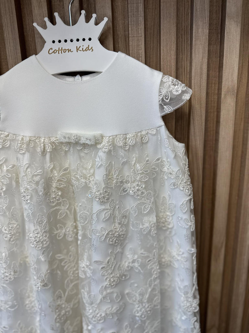 Ivory Short Sleeve Christening Gown Decorated With Beads