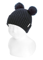 NAVY BLUE Baby Rib Knit Hat with Two Faux Fur Pompoms