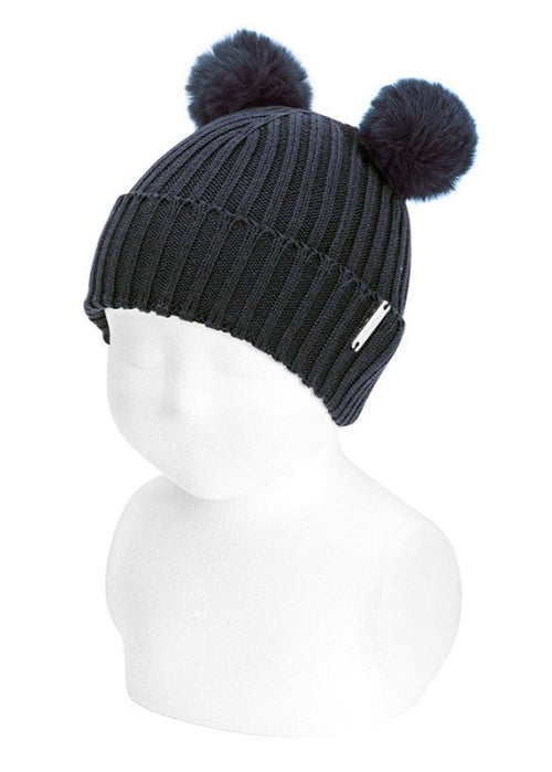 NAVY BLUE Baby Rib Knit Hat with Two Faux Fur Pompoms